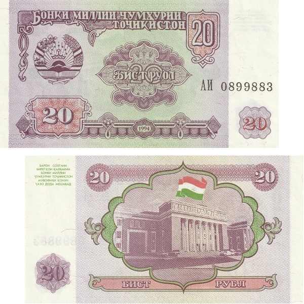 Таджикистан 20 Таджикских рублей (1994) P#