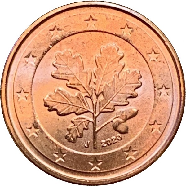 Германия 1 Евро цент (2020) "J" KM#